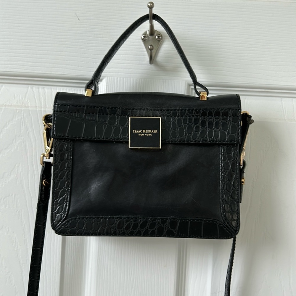 Isaac Mizrahi Black Croc-Accent Leather Top Handle Satchel